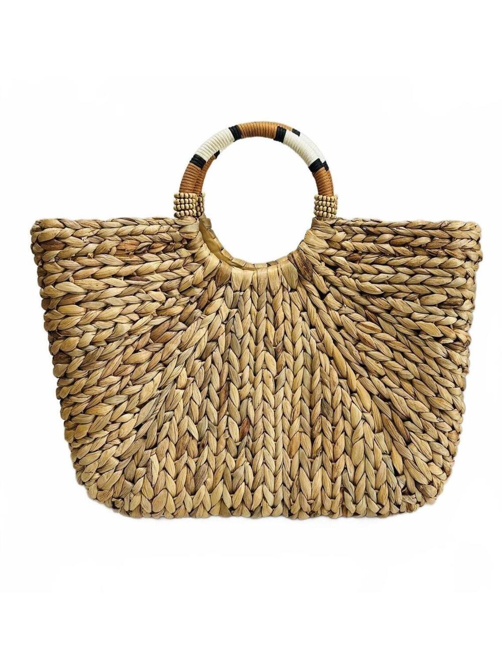A New Day Handwoven Natural Straw Tote Bag with Decorative Beaded Handle